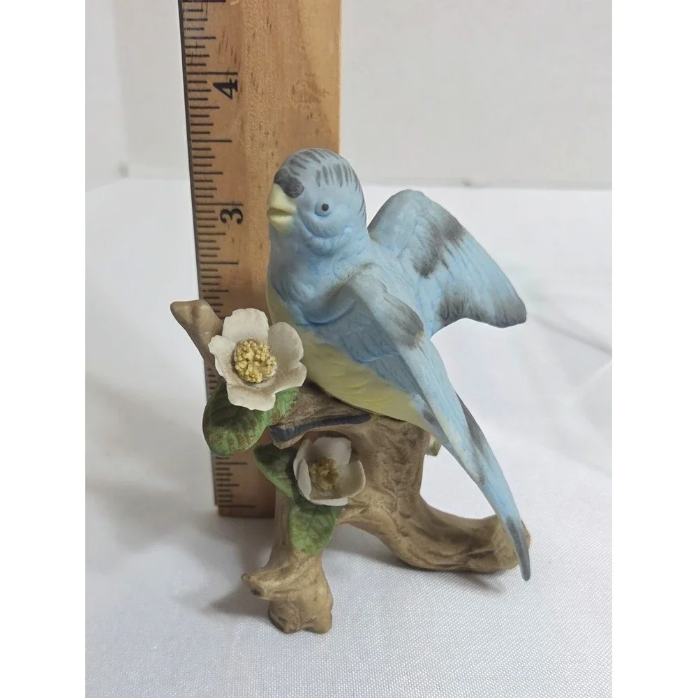 Vintage Ceramic Blue Bird Figurine On Branch With Applied Flowers